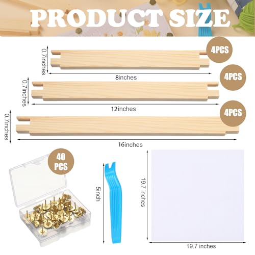 Image of Threehoney 116 Pcs Needlepoint Stretcher Bars Kit 12 Wooden Stretcher Bars, 100 Thumb Tacks and White Cloth Multi Size Embroidery Frame DIY Needlework Craft for Cross Stitch Art Accessories