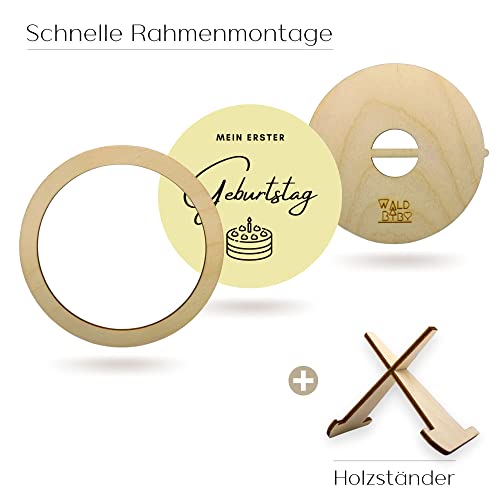 Holzrahmen mit Meilensteinkarten Baby I 46 Meilensteine auf Deutsch + Ständer und Maßband in Set I Geschenk zur Geburt/Babyparty für Schwangere, Werdende Mütter, Werdende Eltern Perfekt Geschenkidee