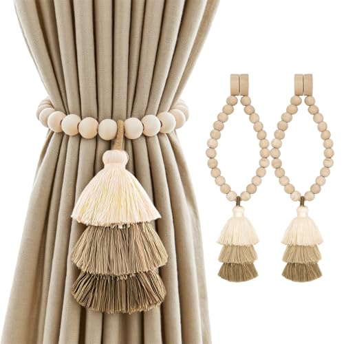 YISARSH Magnetic Curtain Tiebacks with Wood Beads Boho Rope Drapery Holdbacks with Triple Tassels No Drill Curtain Holders for Farmhouse Bedroom Living Room or Nursery 2 Pack Beige Taupe Brown