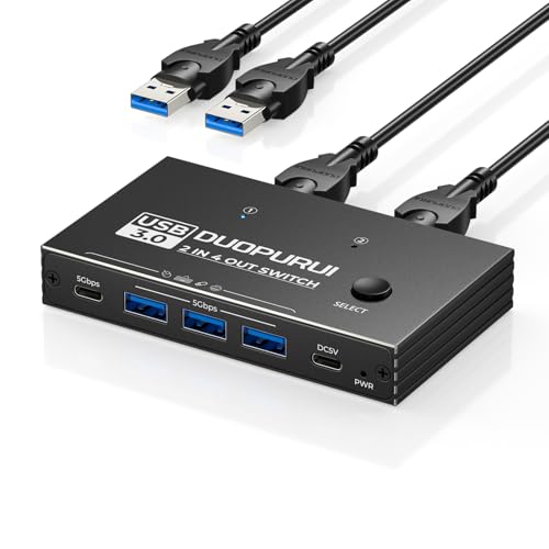 DUOPURUI USB 3.0 Switch 2 Computers Sharing USB C & A Devices,Easy One-Click Device Switching with USB-C Cable & USB-A Cable,USB Switch Hub Share Keyboard Mouse Printer Scanner(USB3.0 2in4out)
