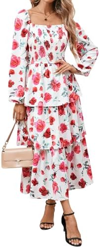 BTFBM Fall Dresses for Women 2025 Floral Long Sleeve Smocked Square Neck Casual Ruffle Tiered Flowy Wedding Guest Dress