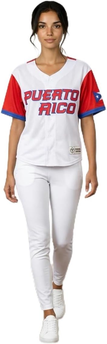 Puerto Rico Crop Top Jersey for Women, Premium Embroidered Baseball Style Shirt, Flag Sleeves, Number 21 Tribute Back Design, Bright Red Blue White