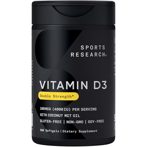 Image of Sports Research Vitamin D3 4000iu /100mcg with Coconut MCT Oil, 360 Count | Double Strength Vitamin D Supplement | Supports Healthy Bones & Immune Function | Non-GMO . Soy Free - 360 Servings