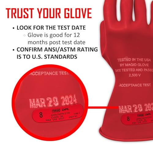 Image of MAGID Rubber Insulating Electrical Safety Gloves, Class 0 ASTM Compliant, Size 9.5, 11 inch Cuff, Lineman Electrician Voltage Protection, M011R95