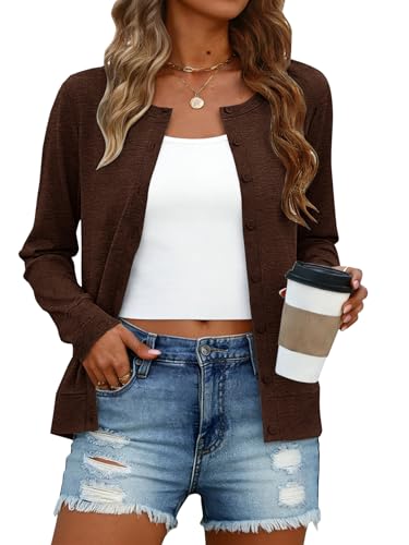 Button Down Cardigans for Women Cropped Long Sleeve Open Front Lightweight Cardigan Sweaters Brown L