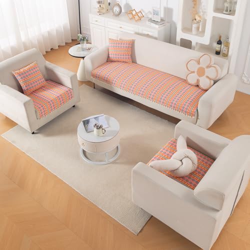 Image of HOKIPO 300 GSM Cotton Acrylic Jacquard Sofa Cover Mat for 5 Seater (3+1+1) with Tassel, 'Trivana Series' Coral Orange (IN-936+933-J2*2)