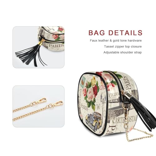 OTVEE Small Crossbody Bag Vintage Paris Retro Car Roses Womens Shoulder Chain Bag PU Leather Small Purse With Tassel2