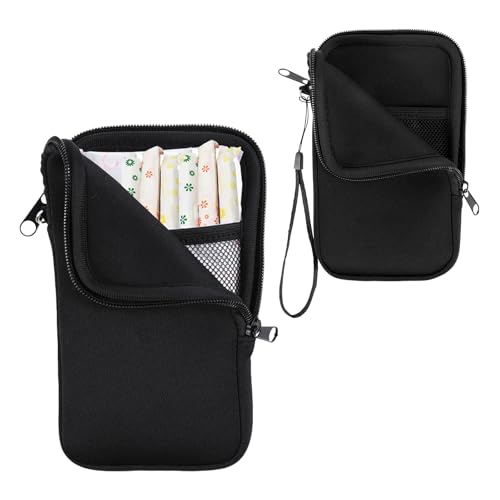 Matwsec 1 Pc Tampon Bag Tampon Holder for Purse Portable Tampon Pouch with Strap Neoprene Travel Friendly Discreet Period Bag for Feminine Products Waterproof Pad Bag Black (Bag Only)