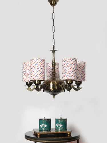 Image of Devansh 05 Lights Printed Round Cotton Shade with Antique Golden Chandelier -F
