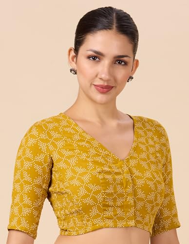 Image of Studio Shringaar Women Cotton Half Sleeve Printed Stretchable(Smocked)Readymade Saree Blouse