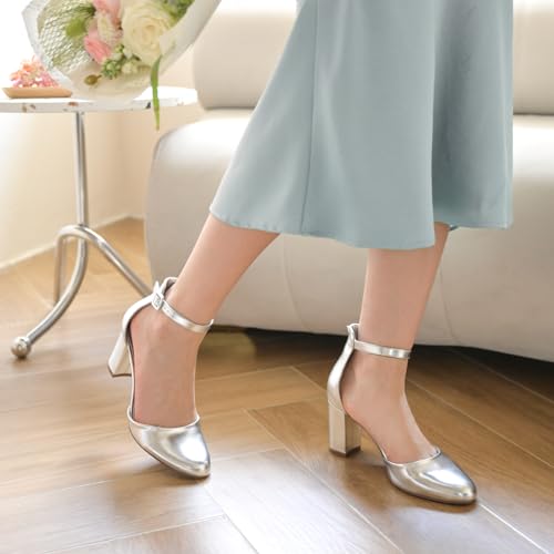 Image of Ankis Closed Toe Heels for Women -Black Nude White Silver Gold Womens Heels Closed Round Toe Chunky Block Pumps Shoes, 3 Inch