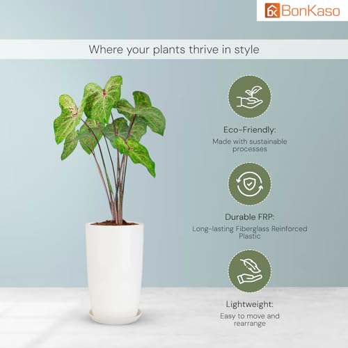 Image of BonKaso 18 inch Solid White Flower Pot - Tall, Durable & Lightweight Polymer Tower Planter for Indoor & Outdoor Use: Home, Office, Garden & Balcony (Gamla /Gamale)