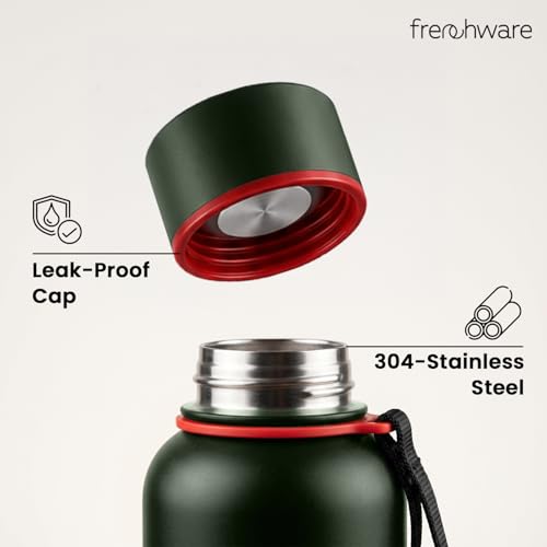 Image of Frenchware Stainless Steel Vacuum Insulated Delta Water Bottle, 900 ml | Thermos Flask, 24Hrs Hot & Cold, Leakproof, Aluminum Coating, Army Green