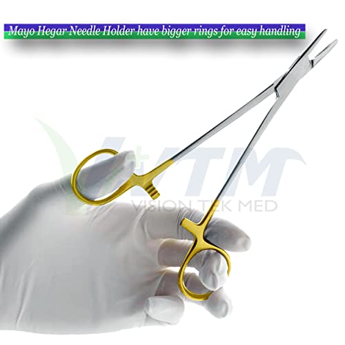 Image of 8 Inch TC Mayo Hegar Needle Holder Driver with Tungsten Carbide Inserts and Gold Rings Premium Grade Instrument