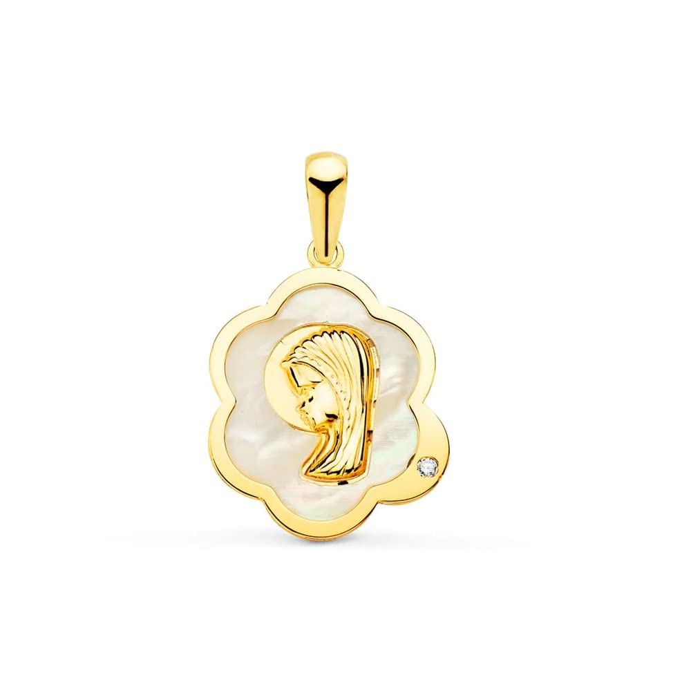 Virgen Niña medalla oro 18k Primera Comunión 15mm. nácar forma nube circonita