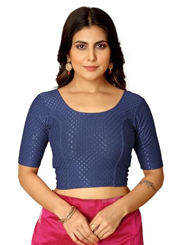Image of Amazon Brand - Anarva Round Neck Dobby Cotton Lycra Stretchable Elbow Half Sleeve Readymade Saree Blouse for Women Stylish