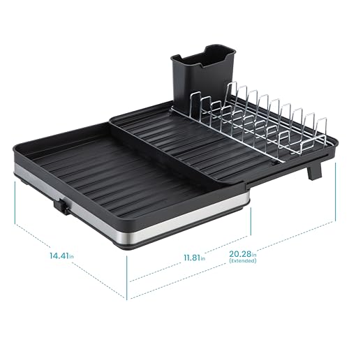 Image of Home Zone Living Dish Drying Rack for Kitchen Counter | Retractable Design with Adjustable Length and Utensil Caddy, 20.28 inch x 14.41 inch x 6.81 inch