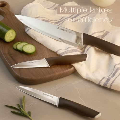 Image of Astercook Knife Set, Kitchen Knives with Block and Sharpener 15 Pcs German Stainless Steel Knives Sharp Blade Dishwasher Safe Deba Knives with Ergonomic Handle, Elegant Black