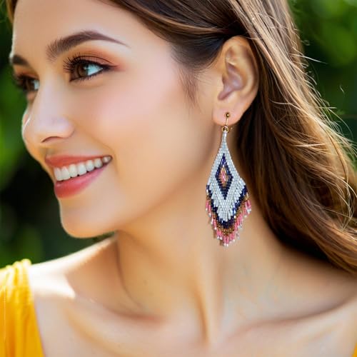 Aretes colgantes largos con borlas y cuentas para mujer miniatura 2