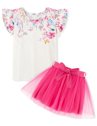 Arshiner Vestiti per Ragazze Motivo Floreale Set di Abbigliamento T-shirt Senza Maniche Gonna in Tulle Set per Bambini Vestito da Compleanno Festa in Tulle Vestito da Principessa con Cintura 6-7 Anni