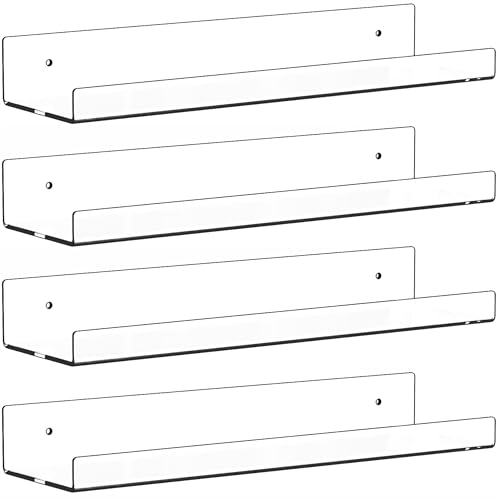 4 Pack Clear Acrylic Shelves for Wall with Adhesive,15 Inch No Drill Floating Shelves for Bathroom,Bedroom,Renter Friendly,Kids Room Bookshelf,Wall Display Shelf for Lego,Funko Pop,Figurine,Perfume