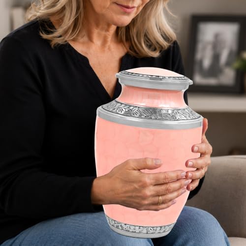 Image of ALPHA Living HOME Cremation Urn for Women Decorative Urn for Human Ashes Woman Men Large up to 220 lbs Decorative Memorial Funeral Burial Urn for Ashes Male Female Dad Mom (Pink Silver)