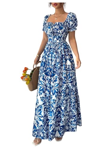 Image of Floerns Women's Floral Short Puff Sleeve Milkmaid Dress Boho A Line Long Dresses