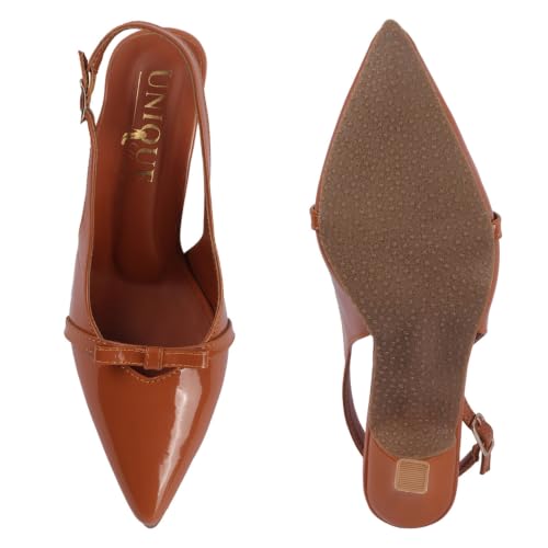 Image of Women's Slingback Pointed Toe Pumps with Bow Detail | Patent Finish | Kitten Stiletto Heel | Elegant Party & Office Heels