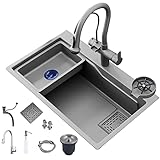 GLMGBP Küchenspüle 304 Edelstahl Nano Raindance Wasserfallspüle Gemüsebecken Einzelarbeitsplatzspüle mit ausziehbarem Wasserhahn und Drucktassenwaschmaschine,75x45cm