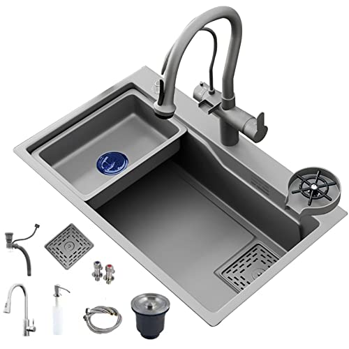 Fregadero de cocina de acero inoxidable 304 Nano Raindance, diseño simple con grifo extraíble, 75 x 45 cm, incluye lavabo para verduras y lavadora de vasos a presión.
