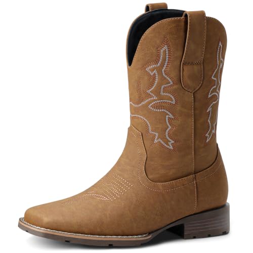 Image of Suokdil Cowboy Boots for Men - Men's Western Boots with Embroidery, Slip Resistant Square Toe Chunky Heel, Durable and Fashionable Retro Classic Footwear for Spring and Fall