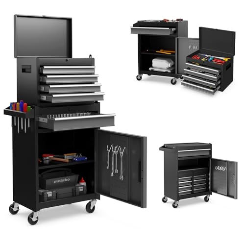 SOARS Servante d’Atelier, Chariot d’Atelier avec 5 Compartiments, 2 Étagères, Coffre Outils Amovible & Armoire à Outils, Verrouillable, 59 X 28 X 102 CM, pour Garage, Atelier, Maison (Noir+Gris)