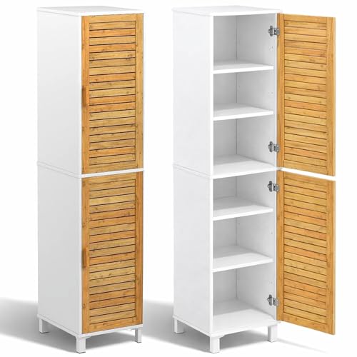 Badregal Hochschrank freistehend | Wandschrank MDF und Bambus Echtholz 'Aarhus' | Badschrank 40 x 30 x 190 cm (B x T x H)