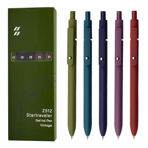 UIXJODO Gel Pens, 5 Pcs 0.5mm Black Ink Pens Fine Point Smooth Writing Pens with Silicone Grip, High-End Series Metal Clip Retractable Pens for Journaling Note Taking (Vintage)