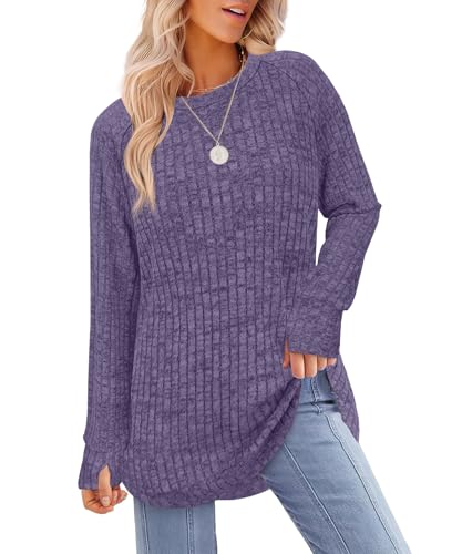 JomeDesign Long Sleeve Shirts for Women Thumb Holes Sweaters Dressy Casual Tunic Tops Purple