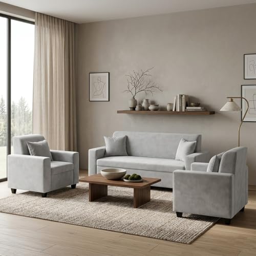 Image of FURNY QualityWood 3 Seater + 1 Seater + 1 Seater Fabric Sofa Set (Light Grey) with Velvet Finish | Durable Comfort | Ideal for Living Room