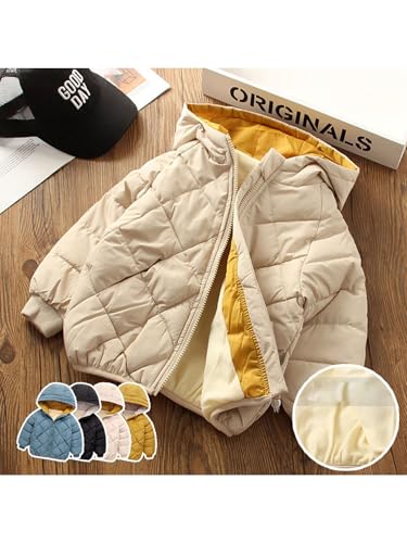 Kids Boys Girls Zipper Quilted Jacket Casual Solid Color Long Sleeve Fleece Lined Hooded Coat Outerwear3