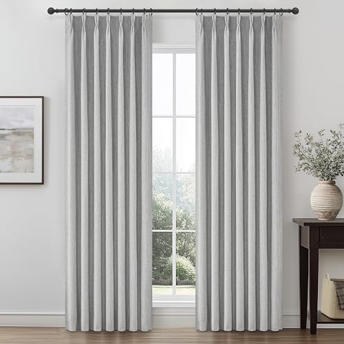 Image of Grey Black Out Curtains 84 Inch Long for Living Room, Pinch Pleated Flax Linen Modern Insulated Drapes with Hooks Back Tab Bedroom Curtain 84 Inch Length 2 Panels Set Soundproof Privacy Windows Burg