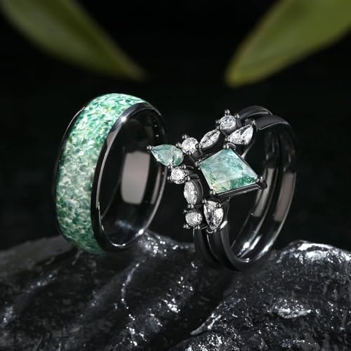 Moss Agate Wedding Ring Set - Moss Agate Ring for Woman - Unique Couple Rings - Custom Promise Ring for Her - 2 Pc Woman's Matching Rings2