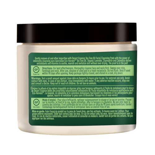 Desert Essence Tea Tree Oil Facial Cleansing Pads - Makeup Remover, Facial Cleanser & Toner with Organic Lavender & Chamomile - Travel-Friendly Personal Wipes for Clarifying Skin Care - 50 Pads