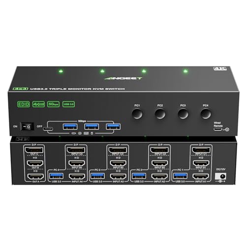 KVM Switch 3 Monitors 4 Computers 4K@60Hz EDID Simulation, 2 HDMI+Displayport KVM Switch Triple Monitor for 4 Computer Share 3 Monitor and 4 USB3.0 Ports, Wired Remote and 4 USB Cables Included by ANGEET - Used condition - US$104.02