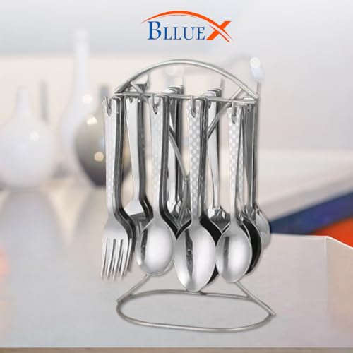 Image of Premium Stainless Steel, 25-Piece Cutlery Set for Kitchen & Table (6 Dessert Table Spoons, 6 Forks, 6 Tea Spoons, 6 Soup Spoons, 1 Storage Stand) (25, Silver)