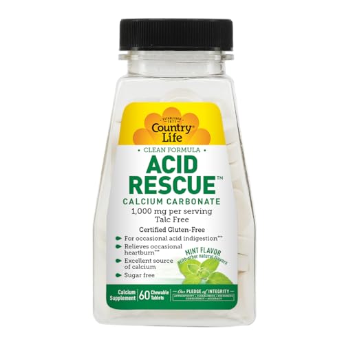 Country Life Acid Rescue Chewable Tablets - Certified Vegan & Gluten-Free Heartburn Relief, 400mg Calcium & Magnesium, Non-GMO, Sugar-Free Mint Flavor, Supports Bone Health, 60 Count