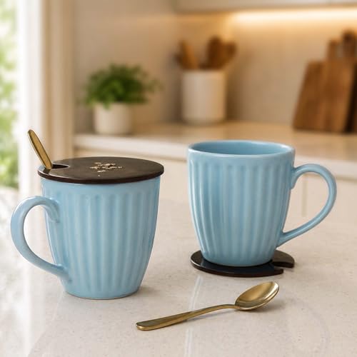 Image of The Earth Store Pastel Glam SkyBlue Coffee Mug with Lid and Spoon Set of 2 | 300ML Ceramic Coffee Mugs Set of 2 | Resin Art Wooden Lid & Golden Spoon | Premium Coffee Mugs for Gift