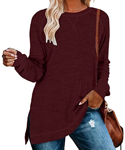 NILOUFO Womens Long Sleeve T Shirts Casual Blouses Trendy Tops Side Split Tunics