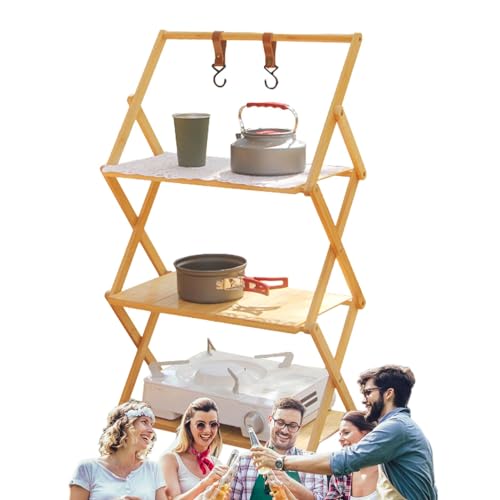 Foldable Camping Shelves - Multi Tier Camping Rack | Camping Folding Wooden Shelf | Wear Resistant Outdoor Camping Table Shelf | Foldable Rack Shelf for Camp Picnic Beach Grill Cooking