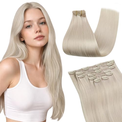 Image of Ugeat Human Hair Clip in Extensions, Blonde Clip in Hair Extensions Human Hair Platinum Blonde, Clip on Hair Extensions 18 Inch 7pcs 120g, for Party | Blonde Clip in Hair Extensions Human Hair , Clip on Hair Extensions Platinum Blonde , Easy to Apply