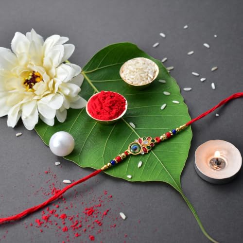 Image of DeoDap Rakhi Combo with Chocolate 32gm, Pooja Coin, Greeting Card & Tilak Set - Festival Gift for Your Brother, Complete 5-Item Hamper Set