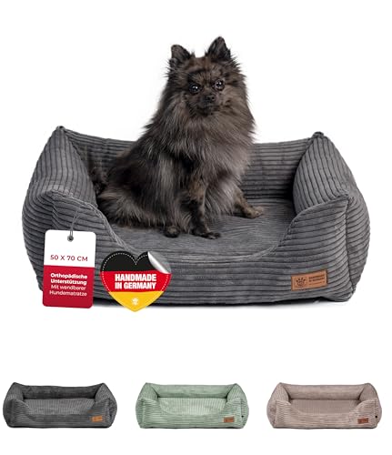 HS-Hundebett® Kuschelbett Deluxe Cord XS (50x70 cm) – Orthopädisches Hundebett für kleine Hunde – Memory Foam, waschbar, rutschfest – Anthrazit – Made in Germany