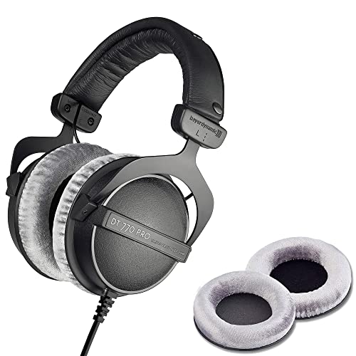 beyerdynamic DT 770 PRO 32 Ohm Grey Over-Ear Studio Headphones. Enclosed Design, Wired for Professional Recording and Monitoring with Extra Grey Velour Earpads (Bundle)